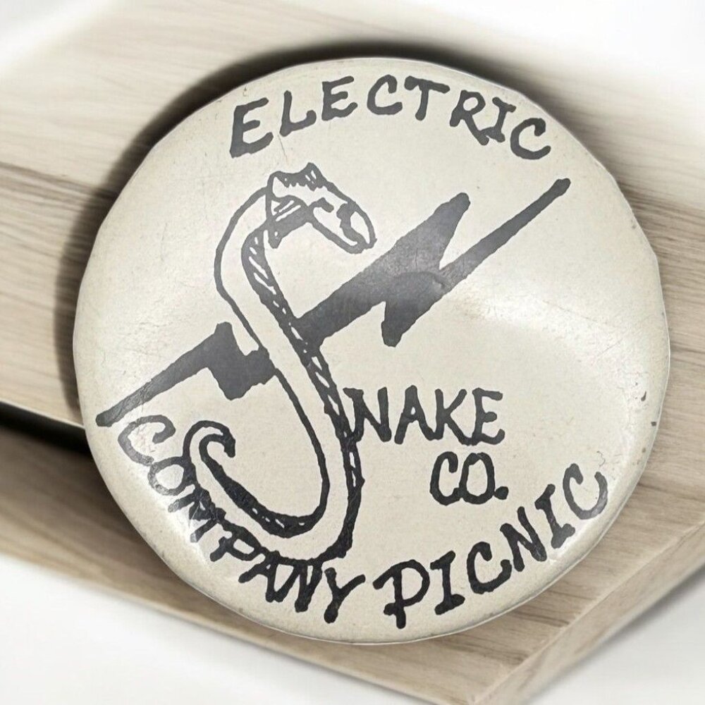 Vintage Pinback Electric Snake Company Picnic Button Pin Lightning Bolt